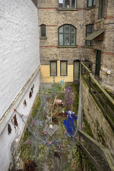 Astrid Svangren, ultra fine lily
born lippy ( oil bubbling bath )
exfoliating ( drops of sun )
bouncy sleeping towel ( cactus long handle brush )
bath pillow ( inflatable soft gel )
foamwash socks ( texturing wax ),  installation created for You Are in My Veins at Mejlgalde, curated by Charlotte Sprogøe for Kunsthal Aarhus, Aarhus Billedkunstcenter and Galleri Image. Photo: Jan Søndergaard.