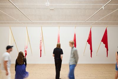 Image: Nønne Mai Svalholm, Red Flags, Kunsthal Aarhus, 2024. Photo: Peter Ravnsborg and Nønne Mai Svalholm.