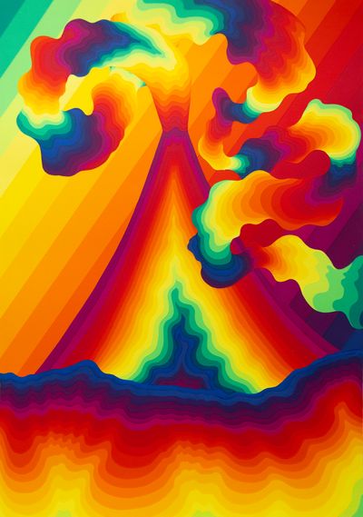 Billede: Ay-O, Rainbow Vulcano, Silketryk, 1974 (Malene Wagner samling). Venligst stillet til rådighed af kunstneren & Malene Wagner / Tiger Tanuki.